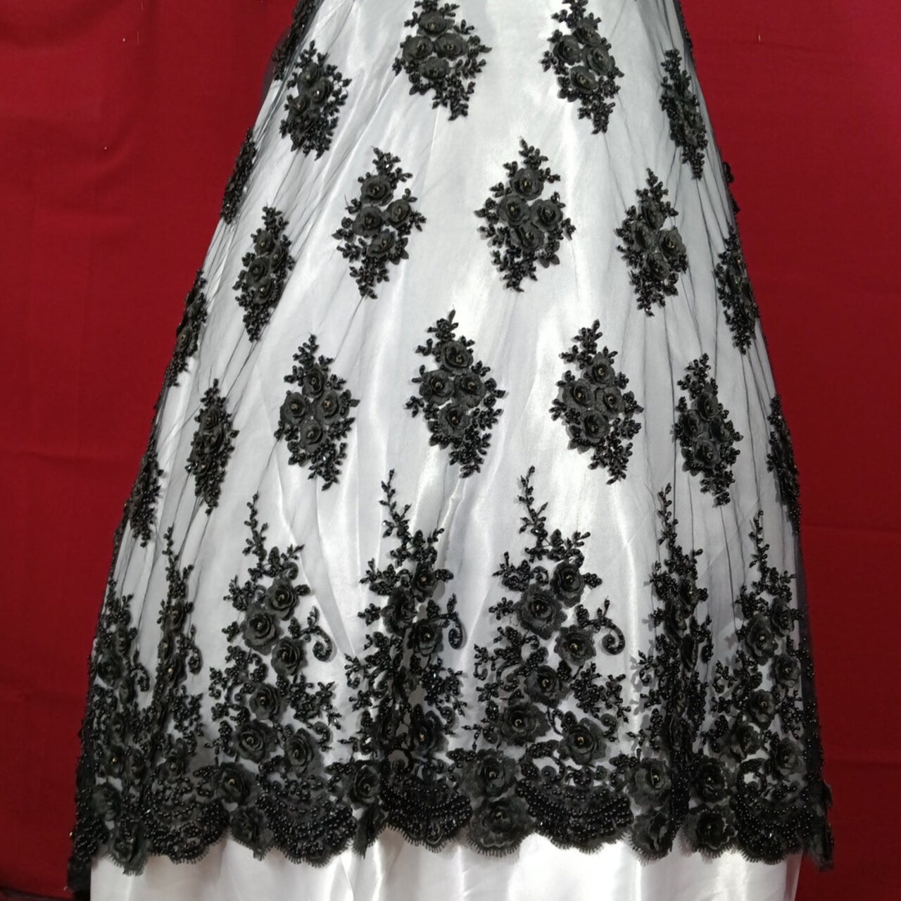 1 Yard Beaded & Rhinestone 3D Floral Embroidered Lace Fabric, Black Polyester Mesh, 54” Wide